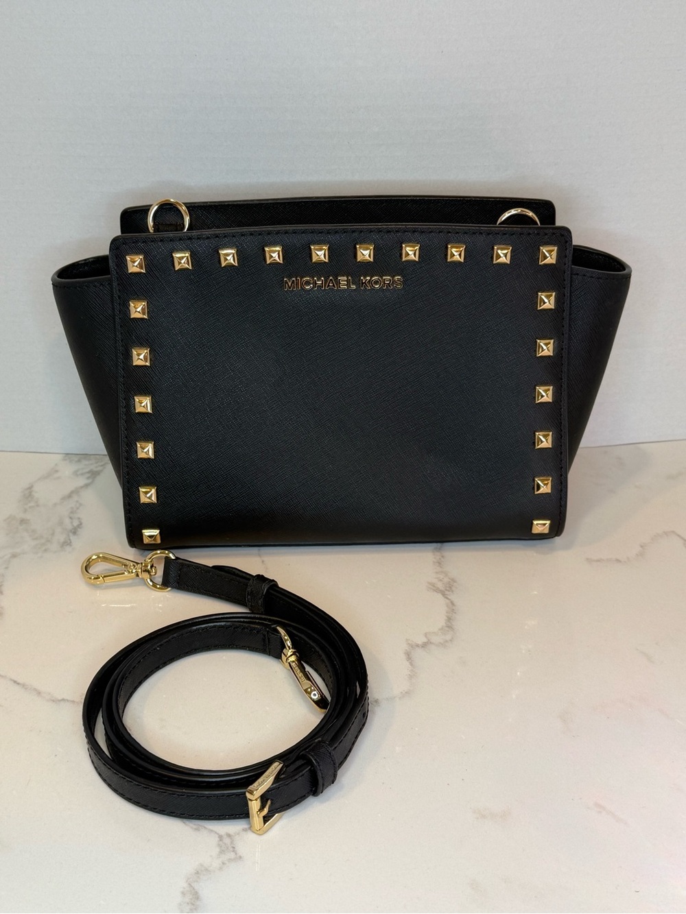 MICHAEL KORS Black Saffiano Leather Crossbody with Gold Studs